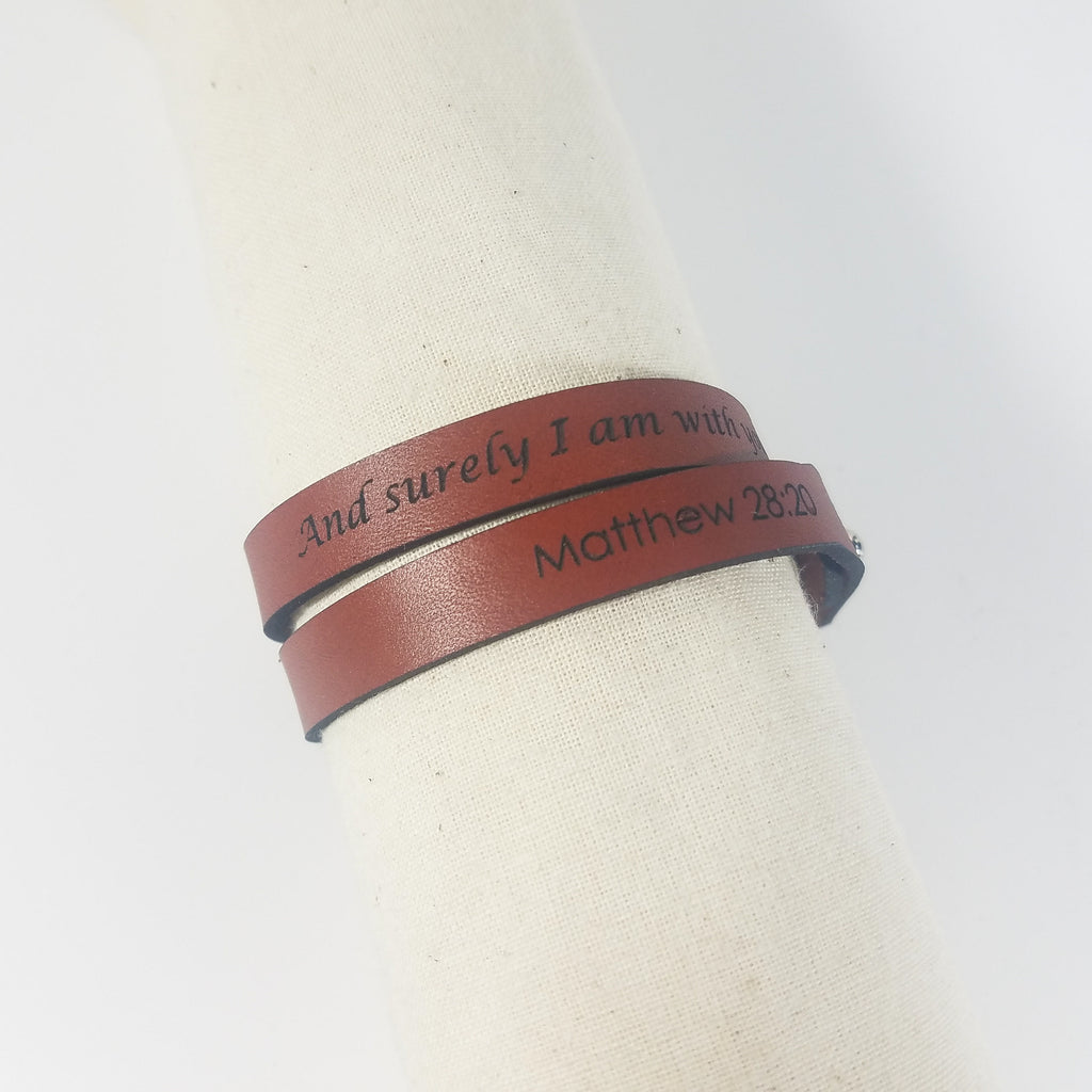 "And Surely I Am With You Always" | Genuine Leather Wrap Bracelet | Laser-Etched Scripture | Matthew 28:20 | GioGio Design