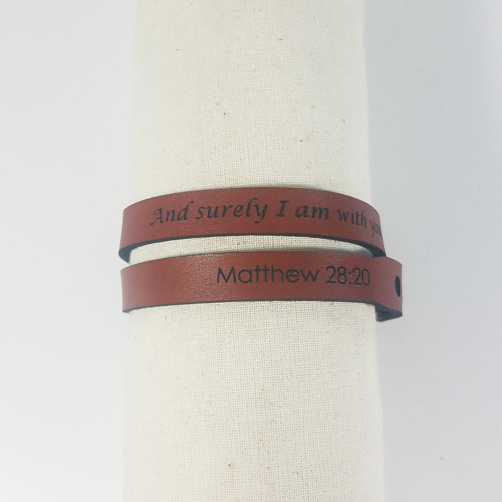 "And Surely I Am With You Always" | Genuine Leather Wrap Bracelet | Laser-Etched Scripture | Matthew 28:20 | GioGio Design