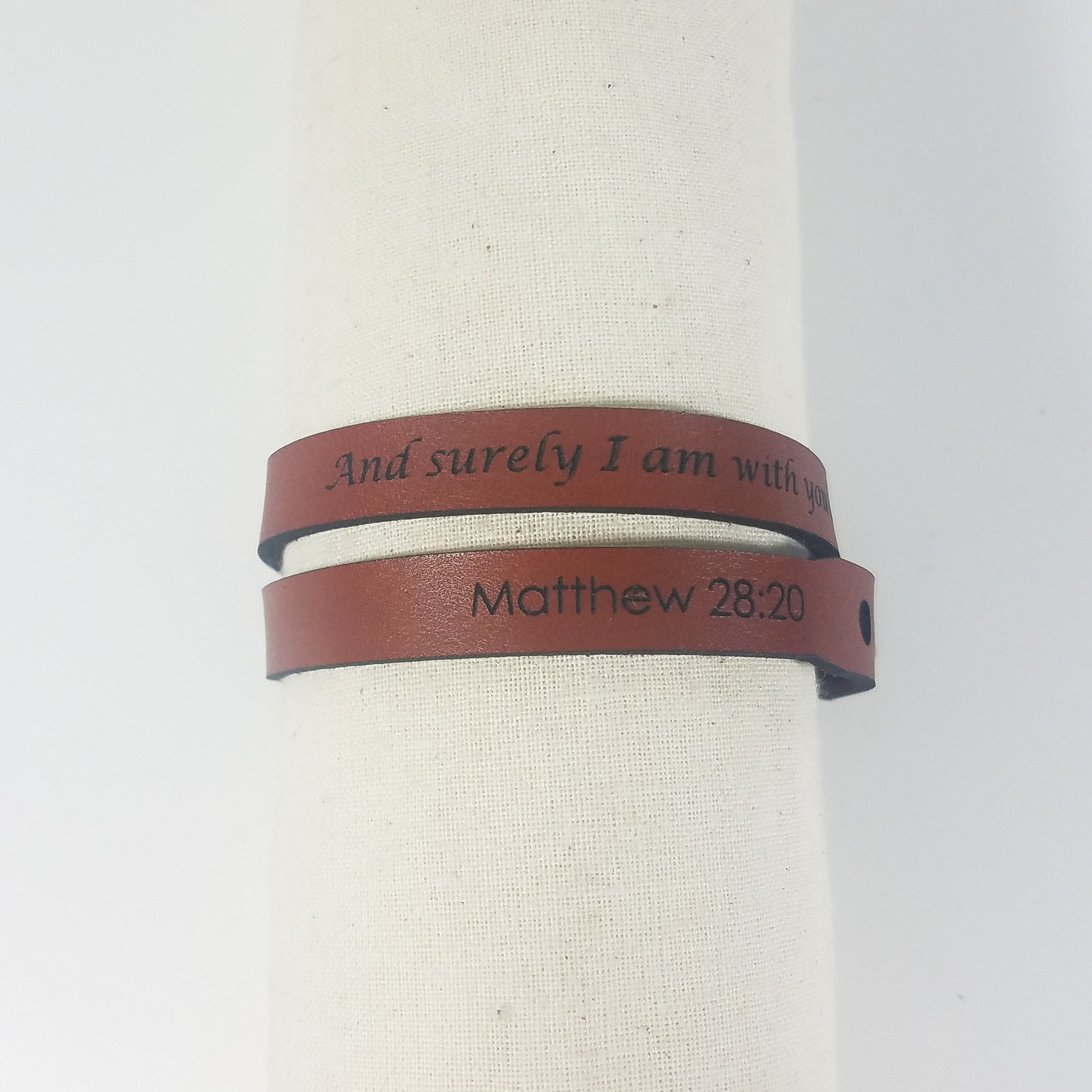 "And Surely I Am With You Always" | Genuine Leather Wrap Bracelet | Laser-Etched Scripture | Matthew 28:20 | GioGio Design