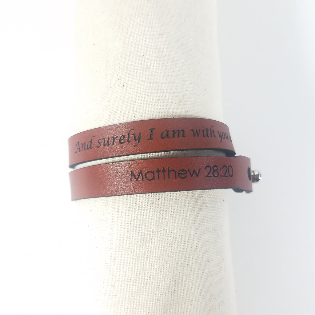 "And Surely I Am With You Always" | Genuine Leather Wrap Bracelet | Laser-Etched Scripture | Matthew 28:20 | GioGio Design