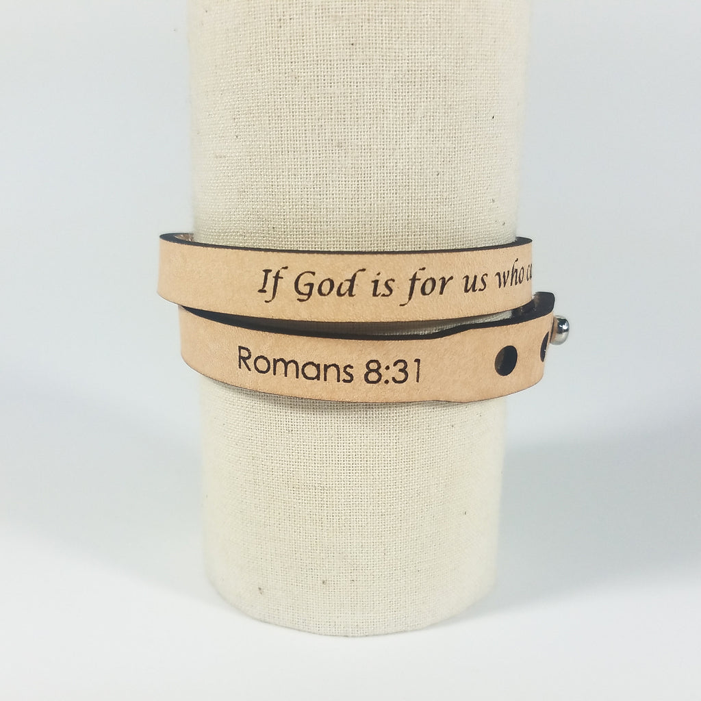 Romans 8:31 Leather Wrap Bracelet | "If God Is For Us" | Natural & Amber | GioGio Design
