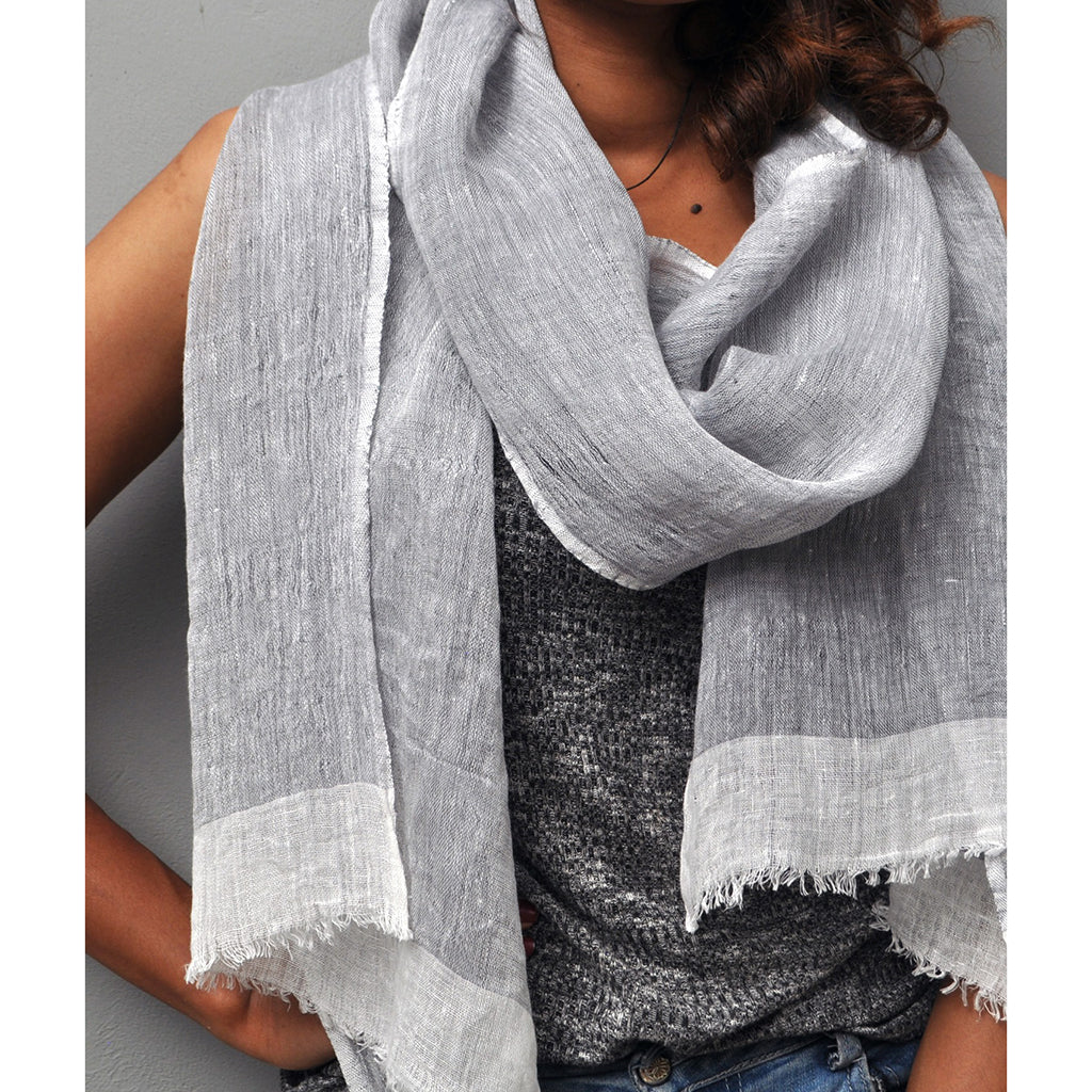 Handwoven 100% Linen Scarf | Eyelash Fringe | Handmade in Ethiopia | 79" x 17" | French Gray, Aqua, Flax & Blush | Slate + Salt