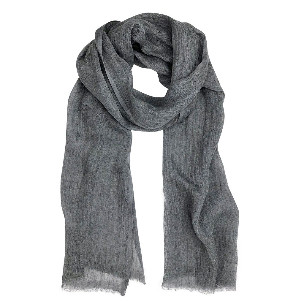 Handwoven 100% Linen Scarf | Raw Eyelash Fringe | Handmade in Ethiopia | 79" x 17" | Ink, Steel Gray, Flax, Rose & Bronze | Slate + Salt
