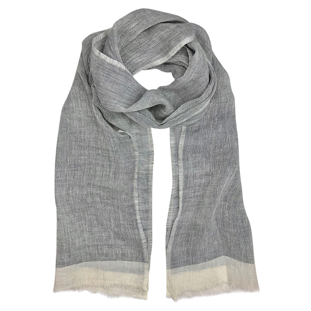 Handwoven 100% Linen Scarf | Eyelash Fringe | Handmade in Ethiopia | 79" x 17" | French Gray, Aqua, Flax & Blush | Slate + Salt
