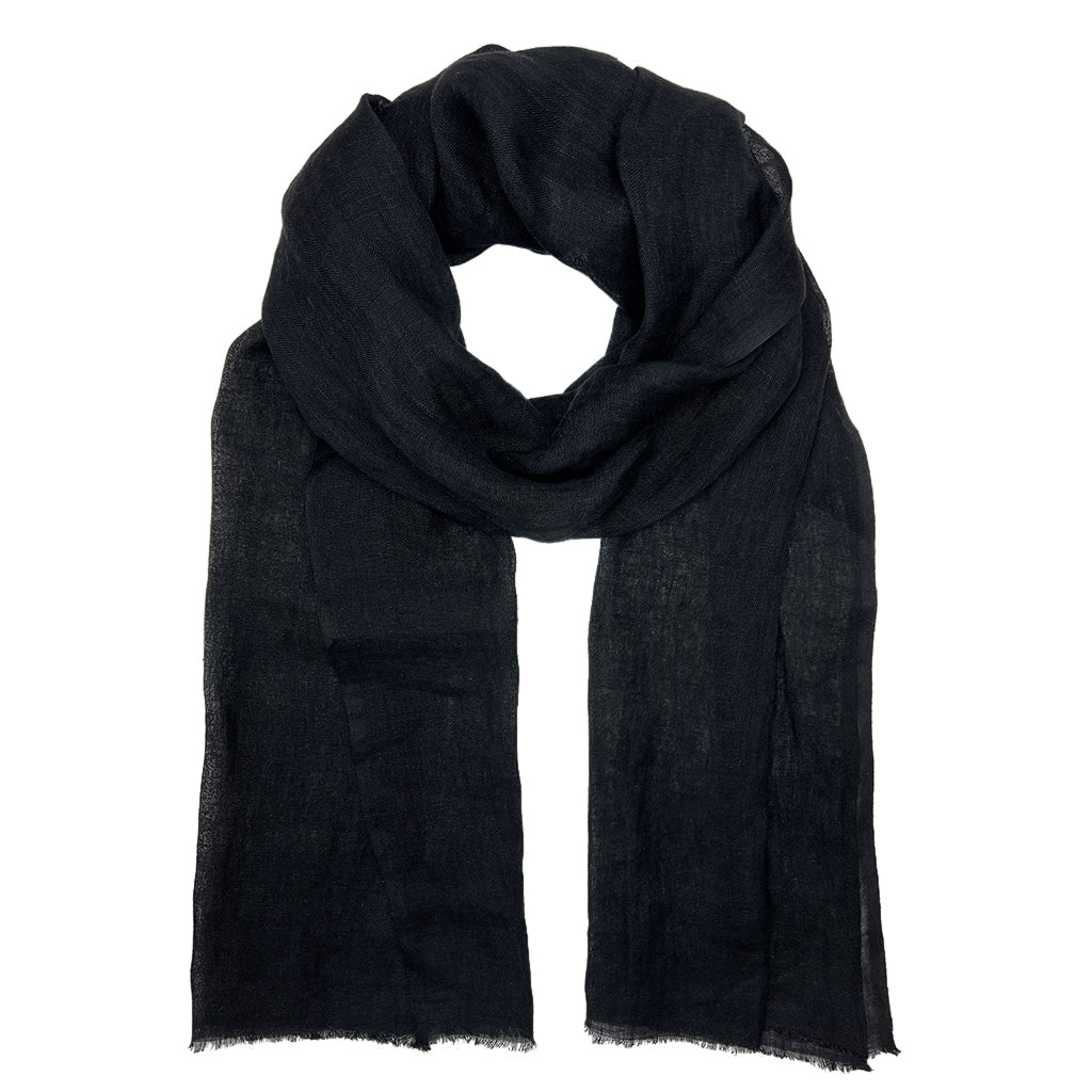 Handwoven 100% Linen Scarf | Raw Eyelash Fringe | Handmade in Ethiopia | 79" x 17" | Ink, Steel Gray, Flax, Rose & Bronze | Slate + Salt