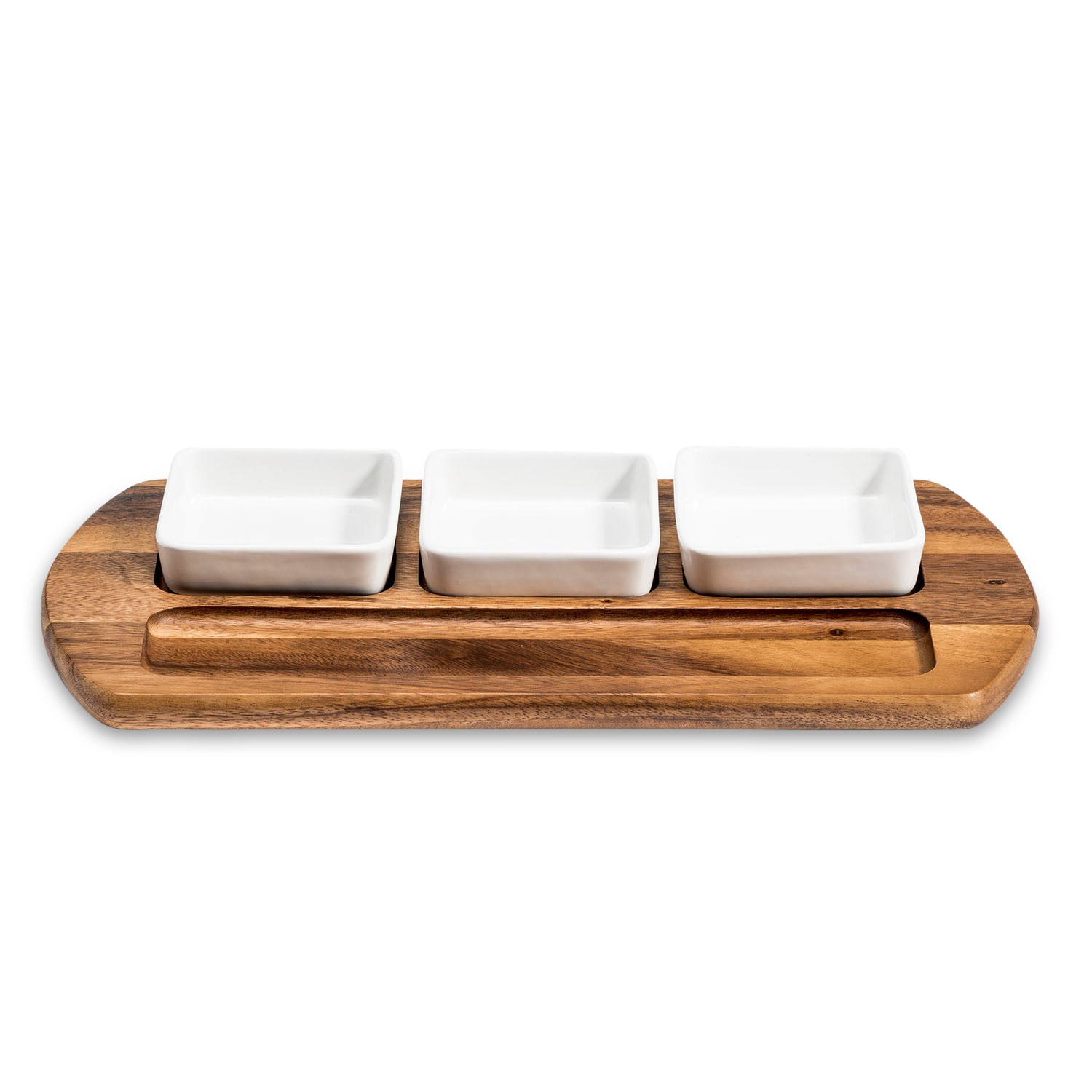 Acacia Wood Charcuterie Board with 3 Ceramic Dishes | 18" x 9" | Kalmar Home