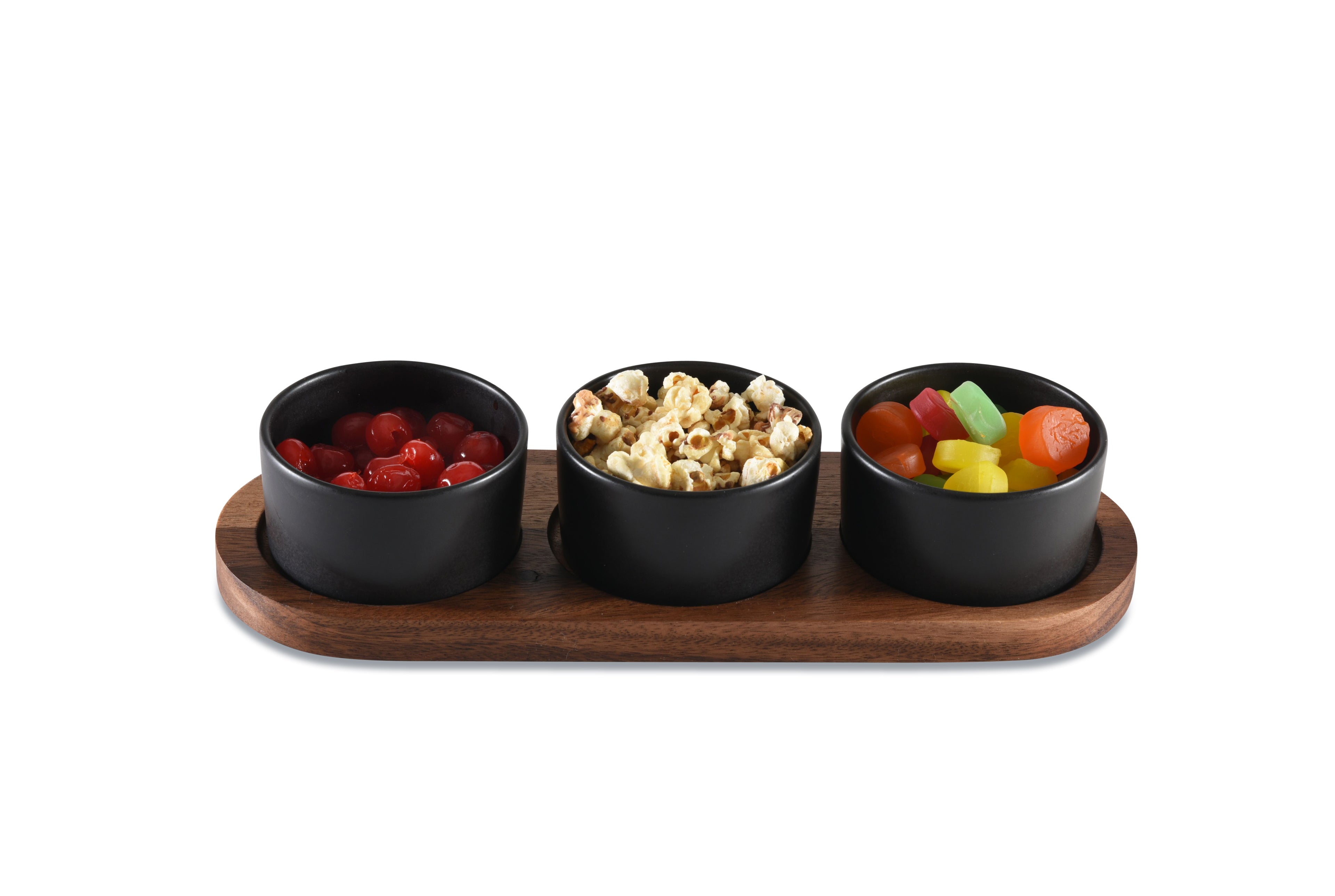 Black Ceramic Condiment Set on Acacia Wood Base | Set of 3 | Wood Lids | Dishwasher Safe | Kalmar Home