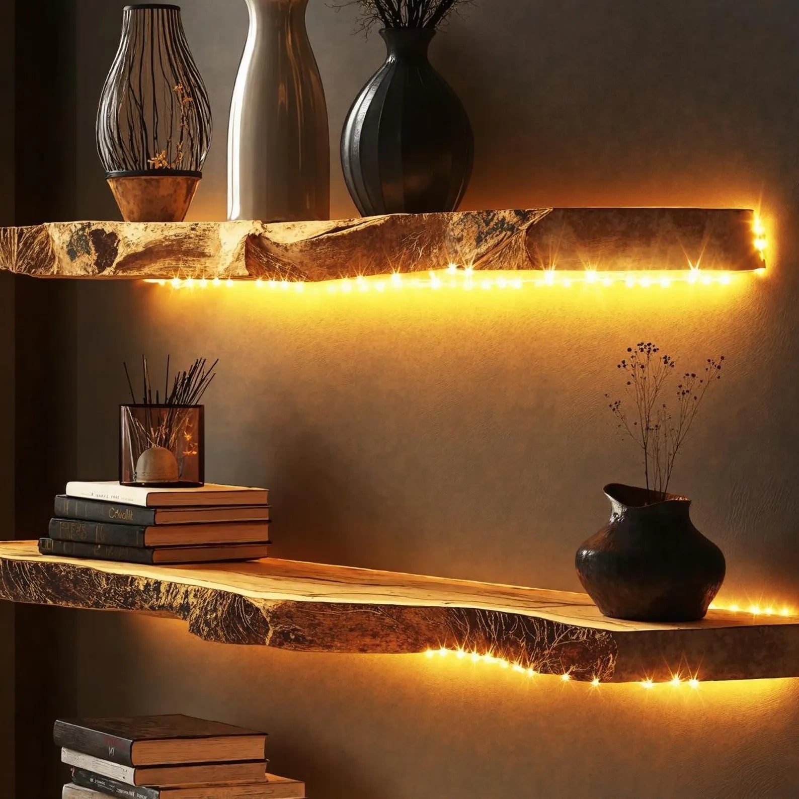 SahajHast Live Edge Wall Shelves with Integrated LED Lighting – Rustic