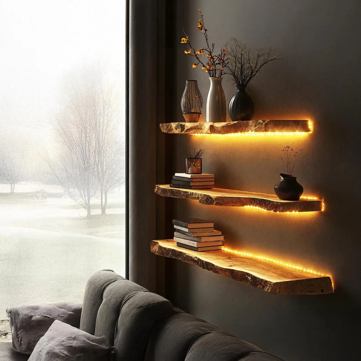 SahajHast Live Edge Wall Shelves with Integrated LED Lighting – Rustic