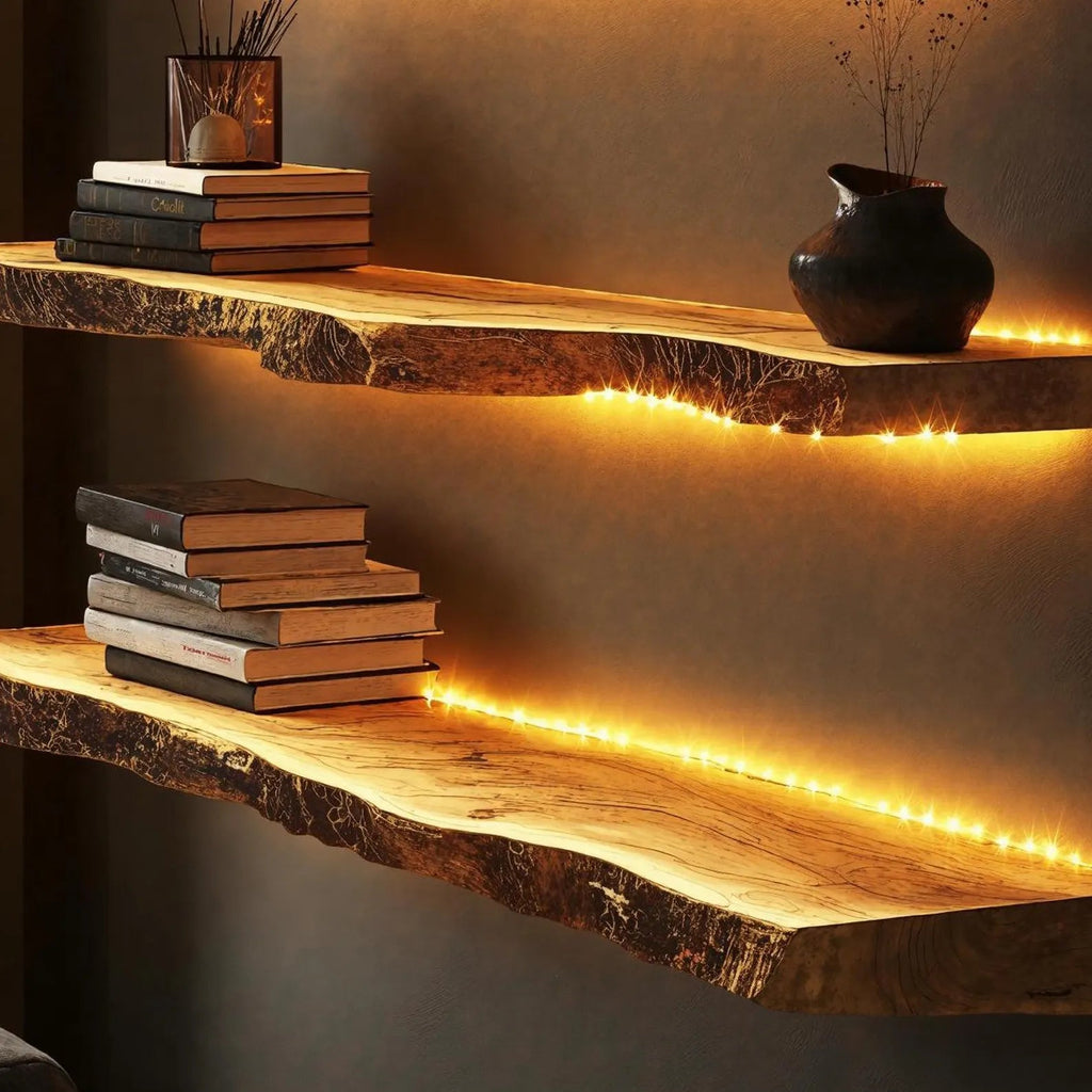 SahajHast Live Edge Wall Shelves with Integrated LED Lighting – Rustic