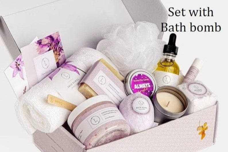 Lavender Spa Gift Box | 10-Piece All Natural Bath & Body Set | Shower Steamer, Bath Bomb, Soy Candle & More | Lizush