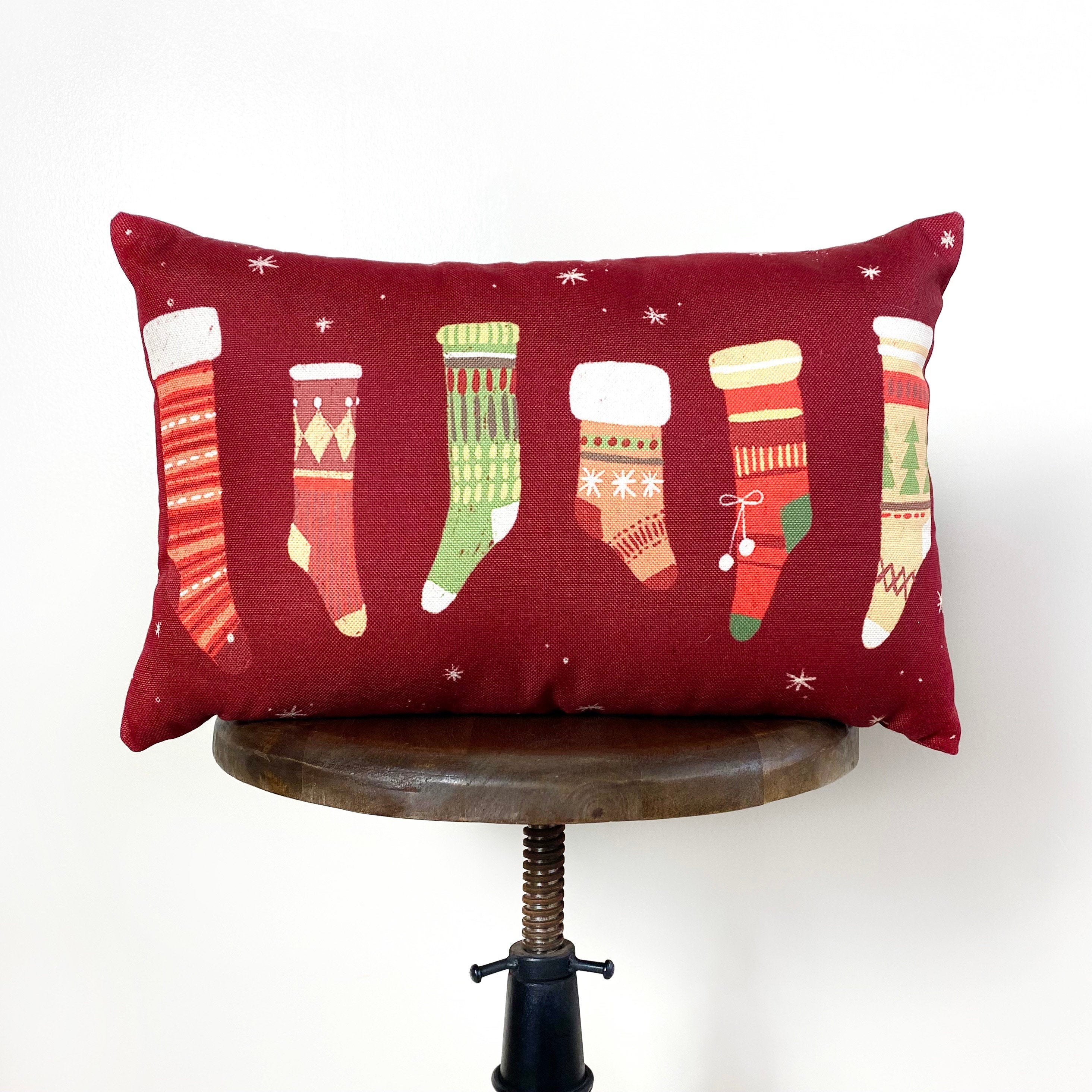 Nordic Christmas Stockings Throw Pillow Cover — 18x12 Rustic Holiday Decor