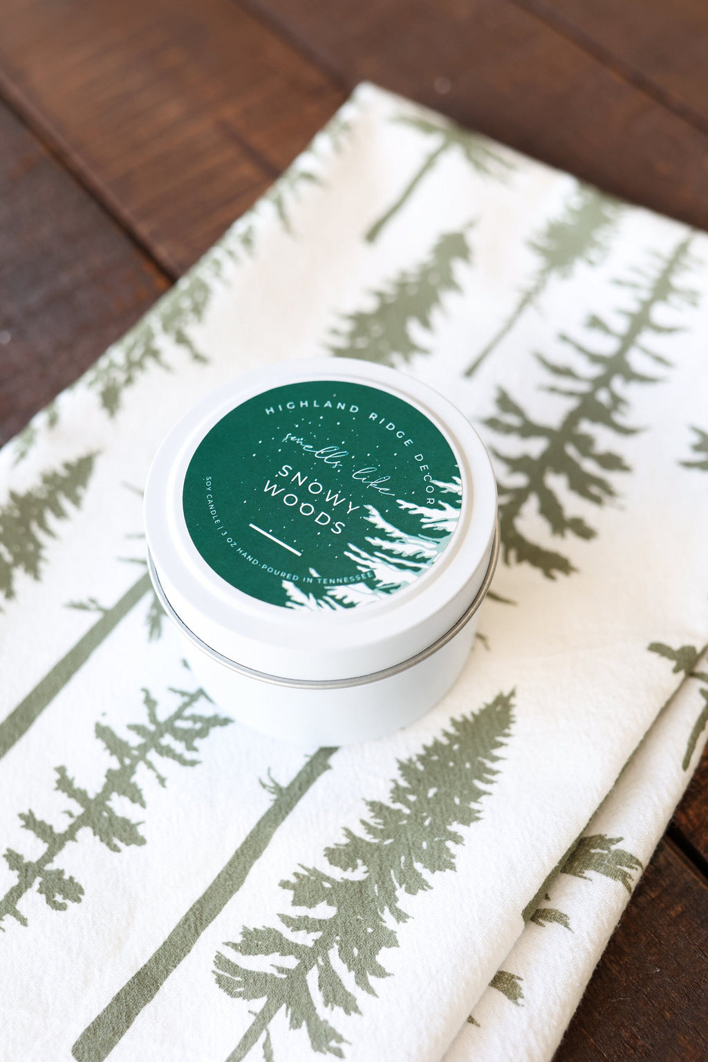 Snowy Woods Candle Tin | Crackling Wooden Wick | Non-Toxic Soy Wax | Plants a Tree | Highland Ridge Decor