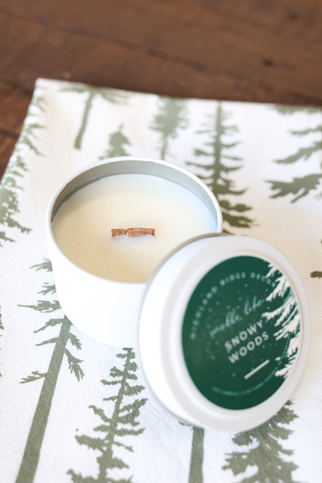 Snowy Woods Candle Tin | Crackling Wooden Wick | Non-Toxic Soy Wax | Plants a Tree | Highland Ridge Decor