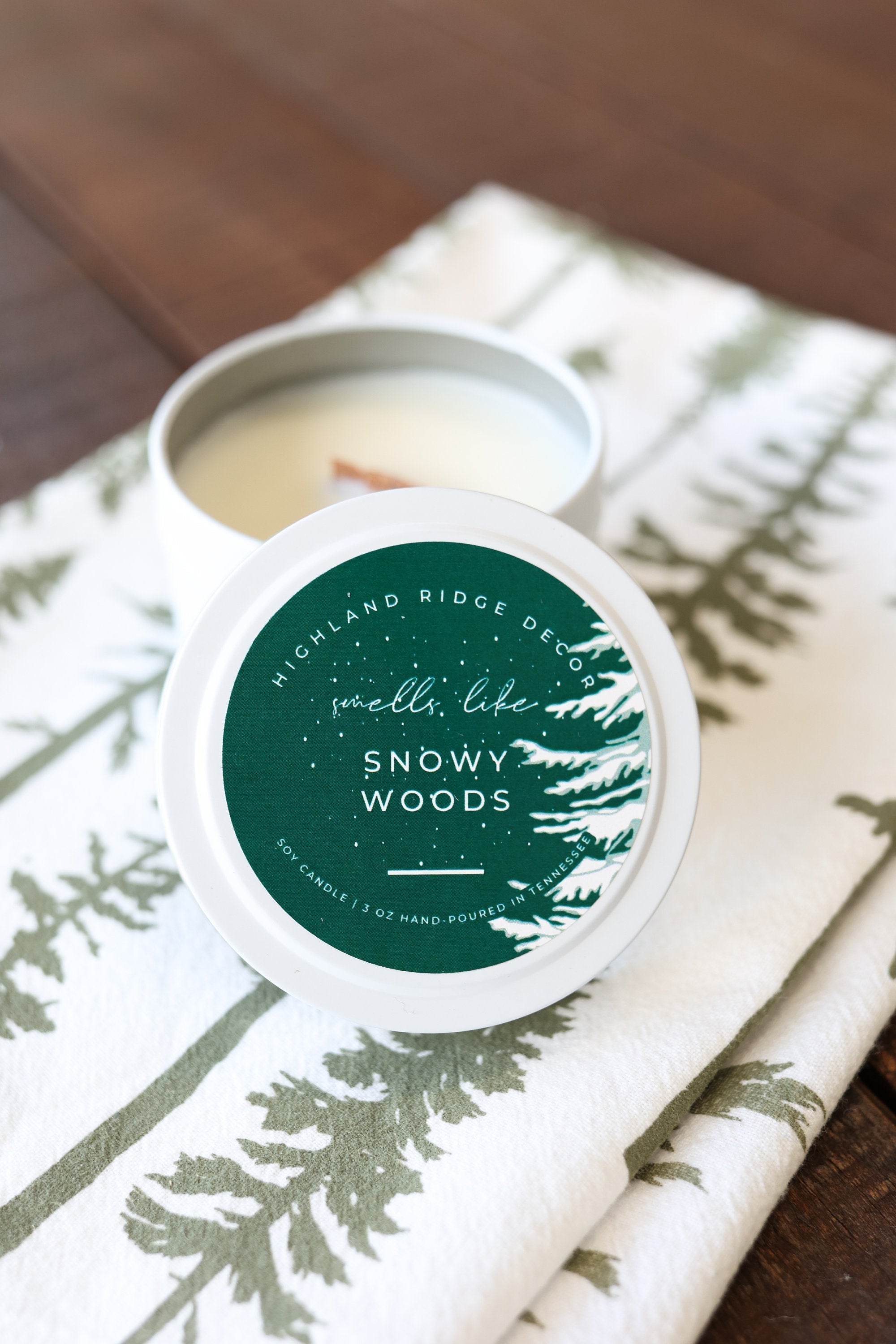 Snowy Woods Candle Tin | Crackling Wooden Wick | Non-Toxic Soy Wax | Plants a Tree | Highland Ridge Decor