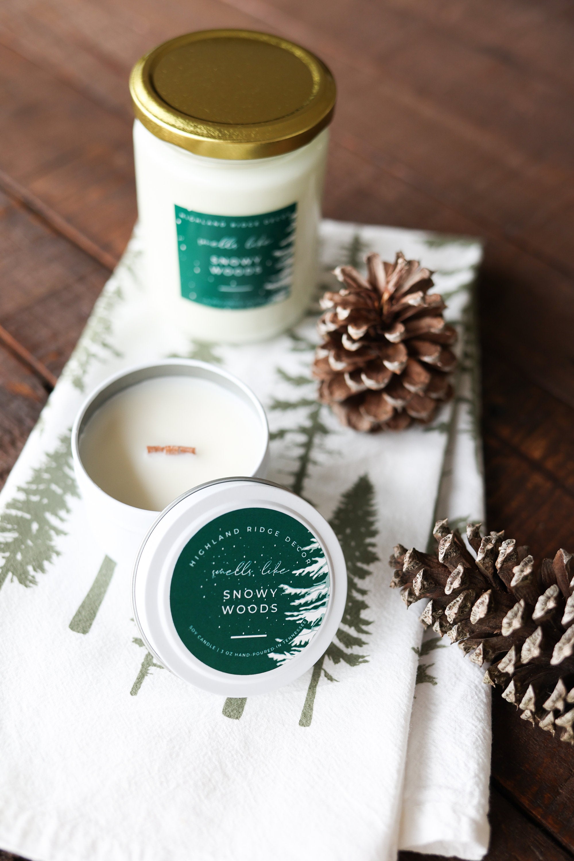 Snowy Woods Candle Tin | Crackling Wooden Wick | Non-Toxic Soy Wax | Plants a Tree | Highland Ridge Decor