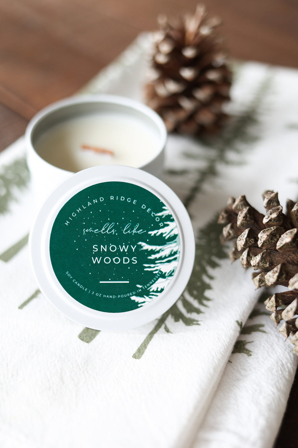 Snowy Woods Candle Tin | Crackling Wooden Wick | Non-Toxic Soy Wax | Plants a Tree | Highland Ridge Decor