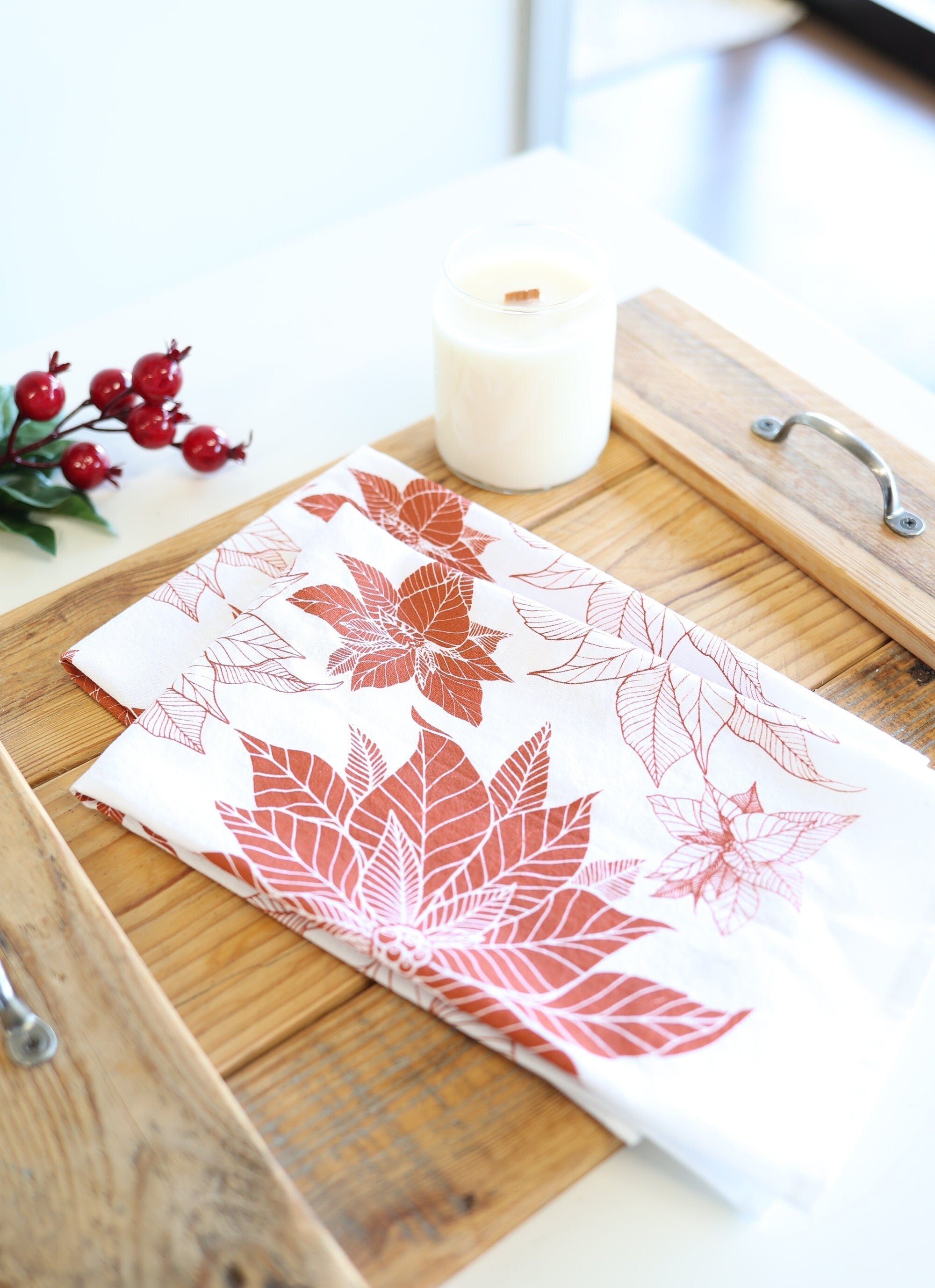 Poinsettia Tea Towel | Watercolor Art | 100% Cotton | Hanging Loop | Made in USA | Fair-Trade | Highland Ridge Decor
