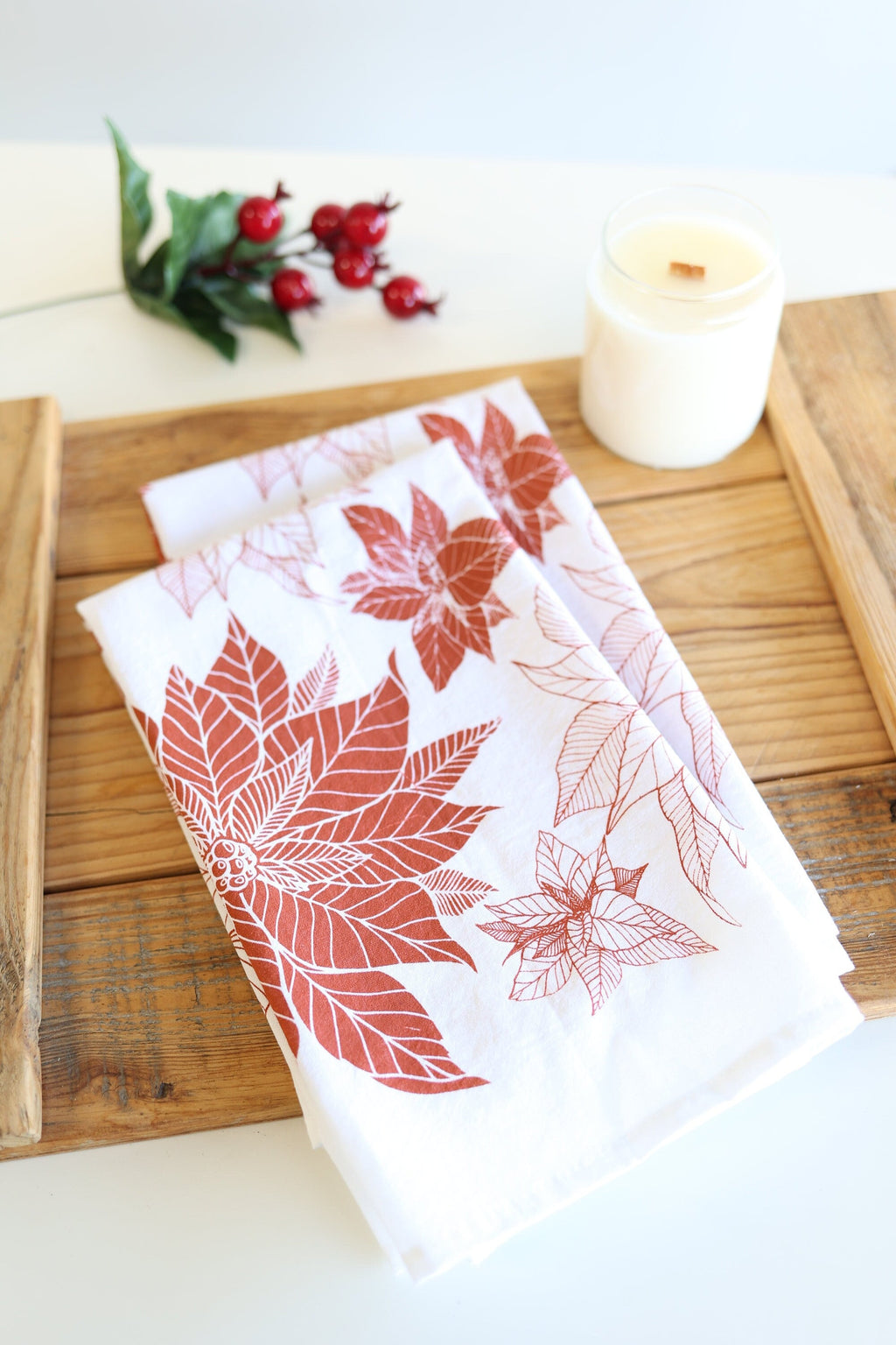 Poinsettia Tea Towel | Watercolor Art | 100% Cotton | Hanging Loop | Made in USA | Fair-Trade | Highland Ridge Decor