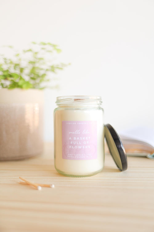 "A Basket Full of Flowers" Soy Candle | Natural Soy Wax | Crackling Wooden Wick | Fresh Floral, Coconut & Sandalwood | Highland Ridge Decor