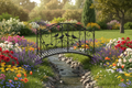 Black Iron Arched Garden Bridge over a gentle stream surrounded by colorful flowers and lush green grass