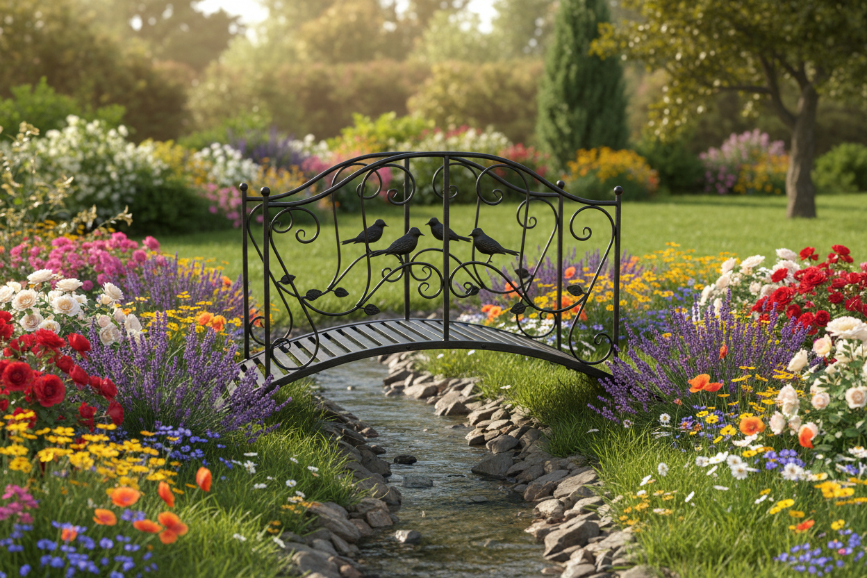 Black Iron Arched Garden Bridge over a gentle stream surrounded by colorful flowers and lush green grass