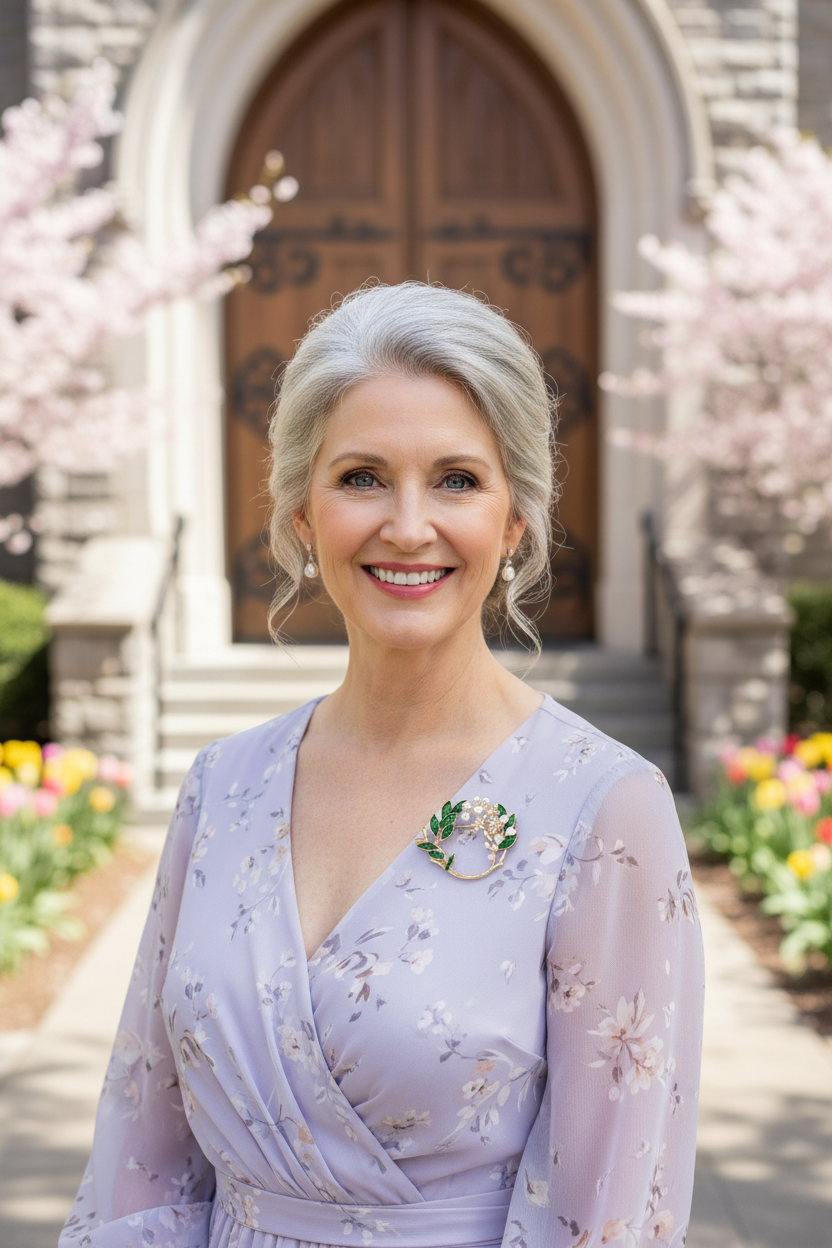 Elegant woman in her 50s wearing a pastel Easter dress with hair swept up showing the delicate Gardenia Flower Pearl Brooch pinned on her dress