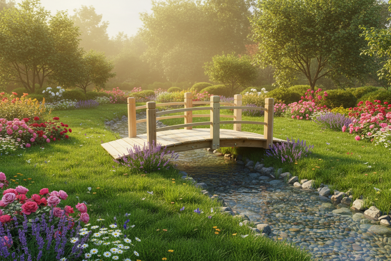 Solid wood arched garden bridge over a gentle stream surrounded by colorful flowers and lush green grass