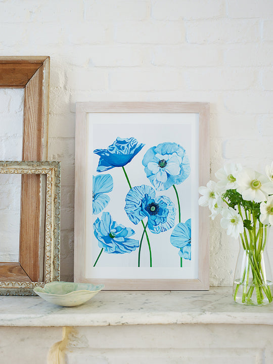 Blue Poppies on Pale Grey – Signed Oil Painting Art Print