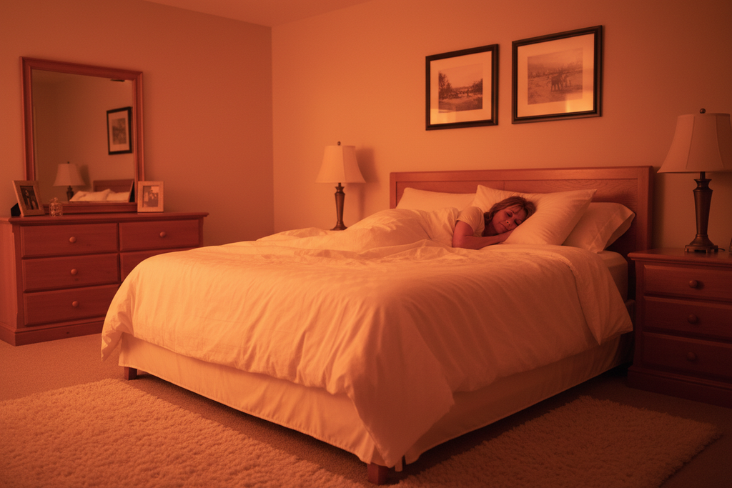 Serene bedroom filled with soft warm amber glow with a woman peacefully sleeping