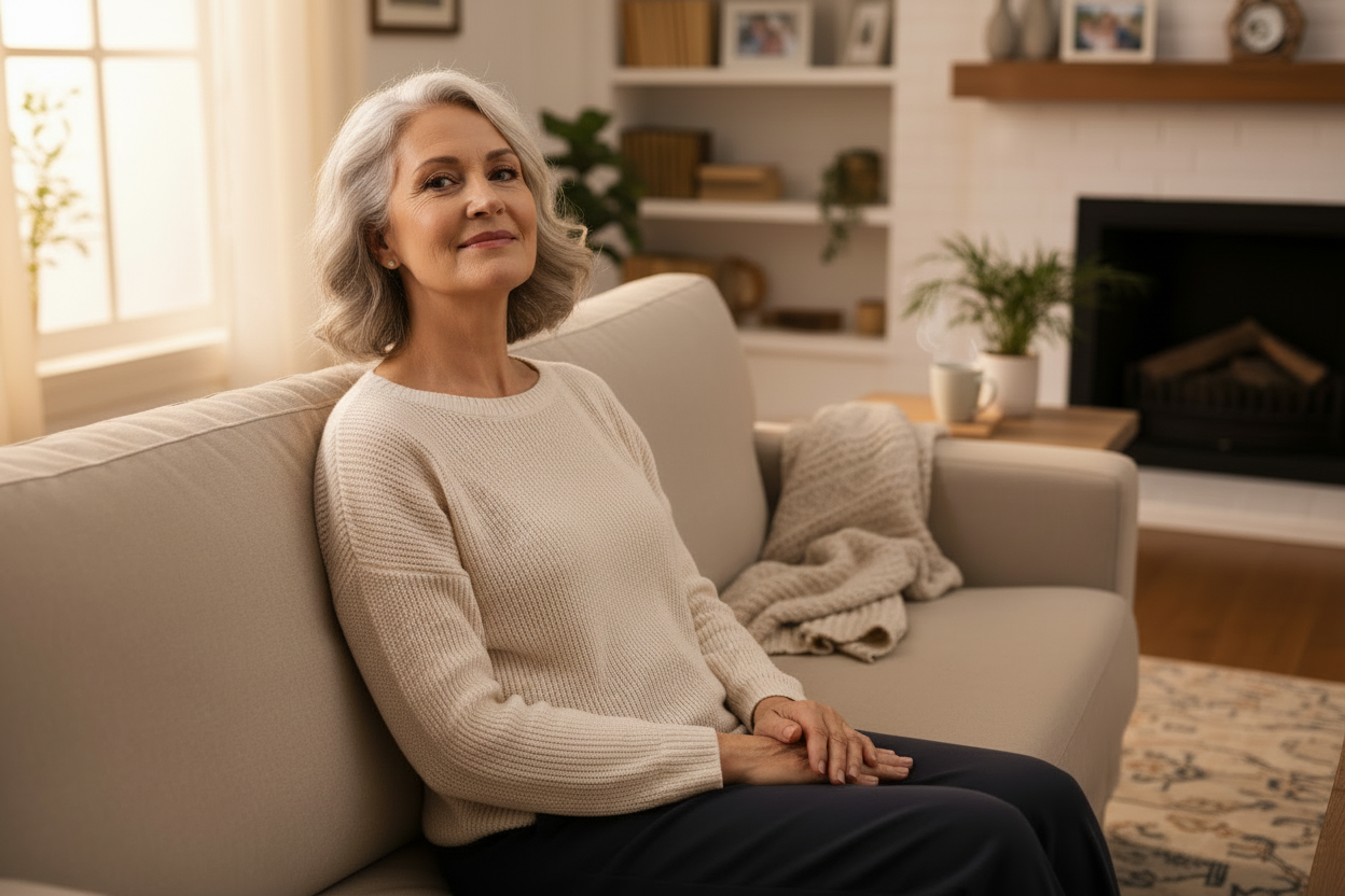Older woman sitting with excellent posture on a couch