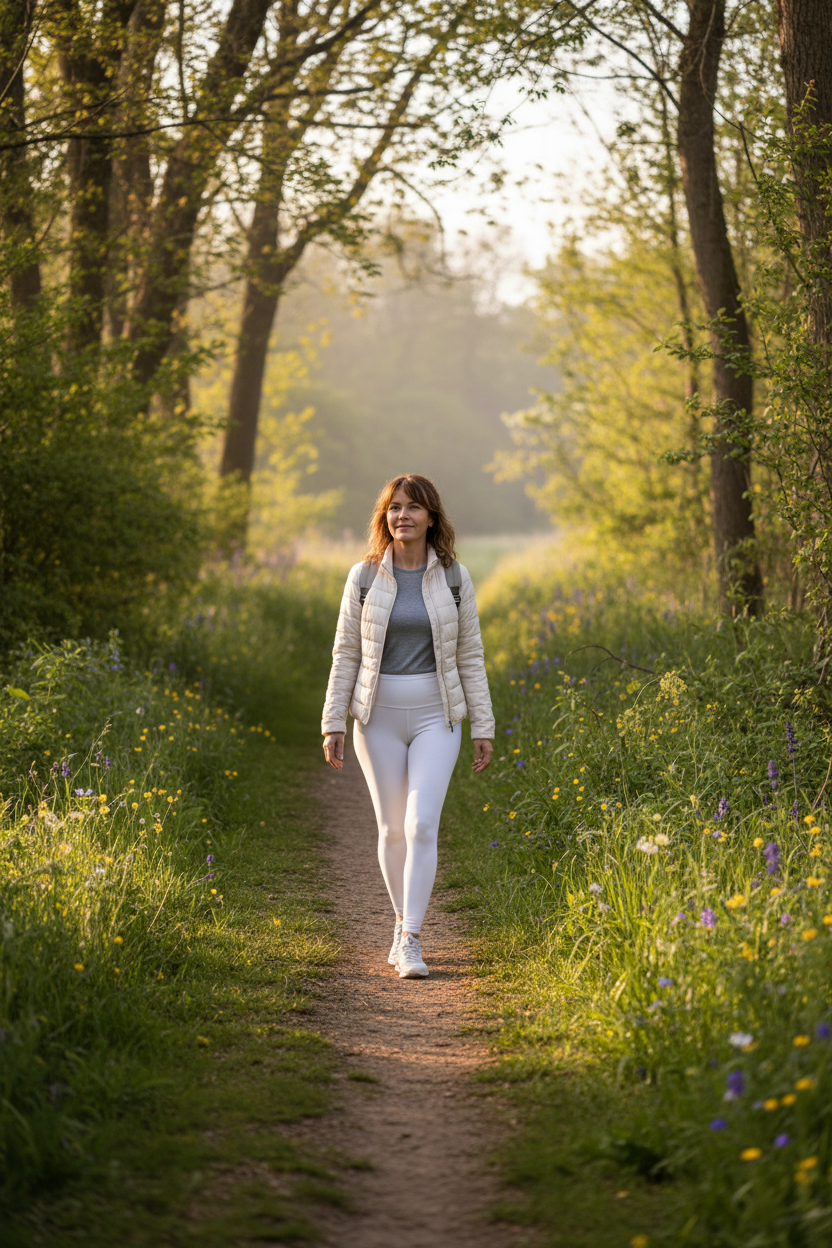 Woman in white leggings walking on outdoor path