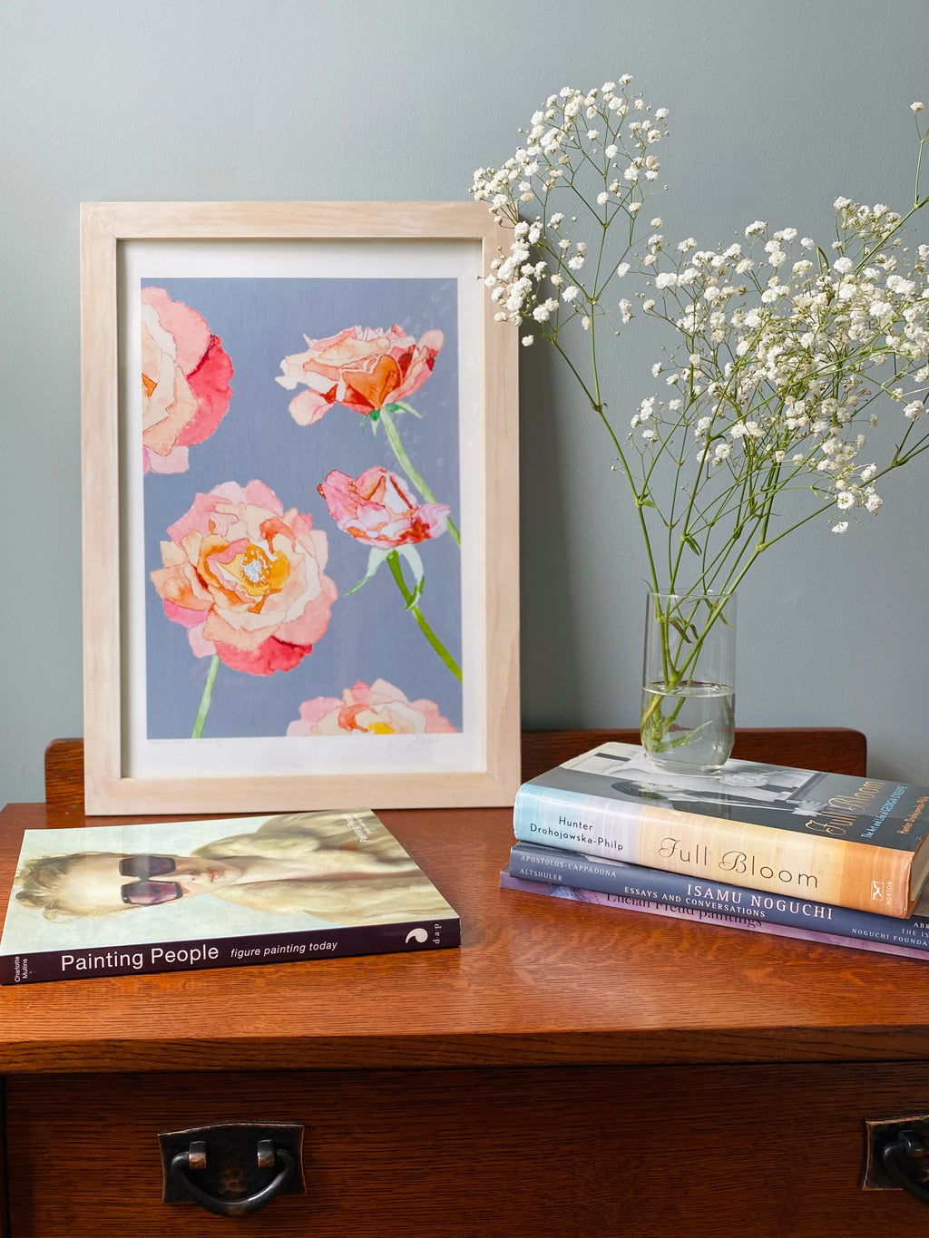 Peach Roses on Grey Art Print