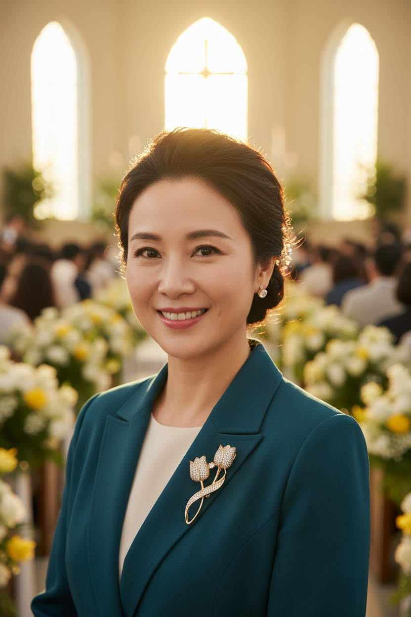 Elegant Asian woman in her 50s with hair swept back in modest church celebration attire with a small dainty rhinestone tulip brooch pinned on her lapel