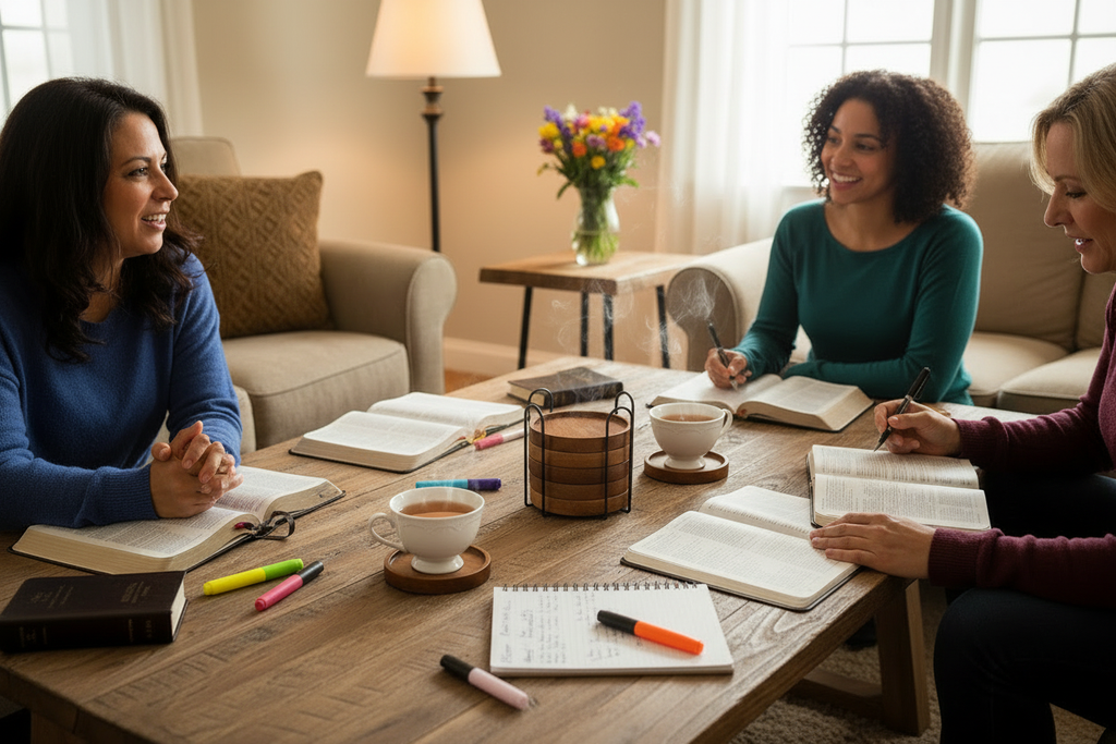 Women in their 40s gathered around a coffee table for Bible study with acacia wood coasters holding cups of tea