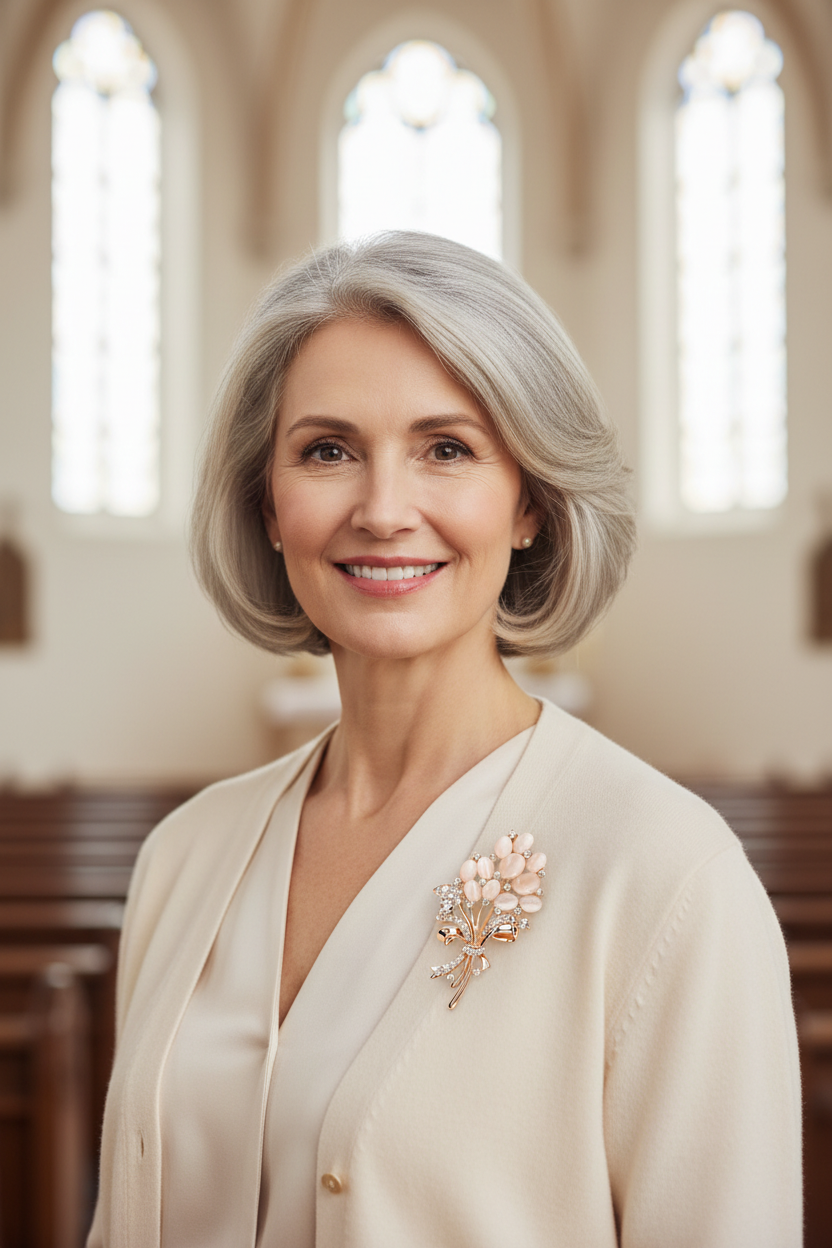 Elegant woman in her 50s in Sunday best outfit with a small golden flower bouquet rhinestone brooch pinned on her lapel