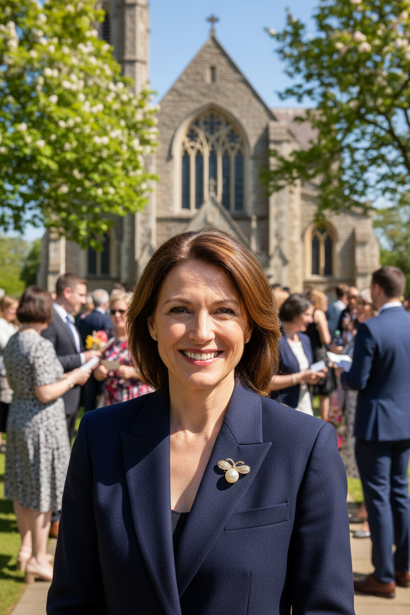 Elegant woman in her 50s in a blazer close to camera with a tiny pearl bee brooch pinned on her lapel, standing outside a church with people and trees in the background