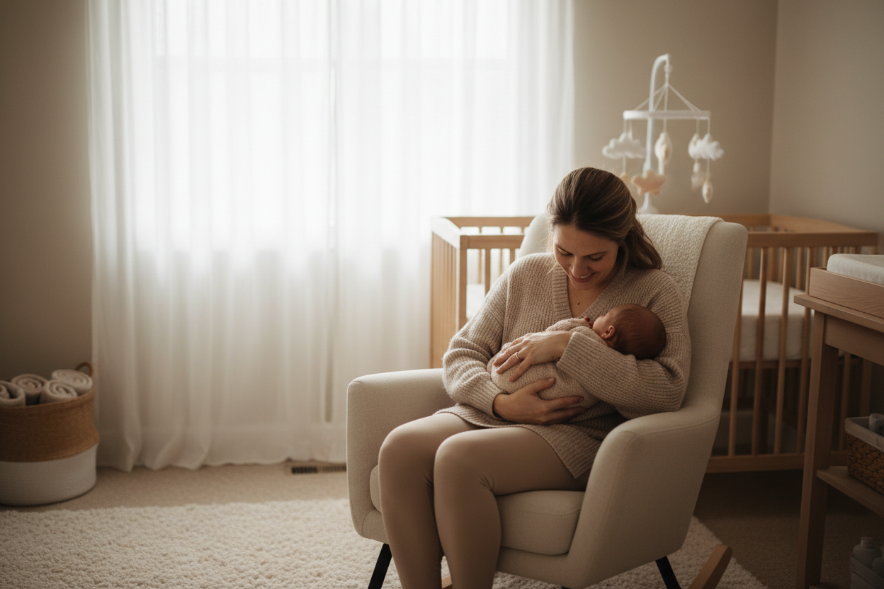 Loving mother in her late 30s smiling while caring for her newborn in a cozy nursery
