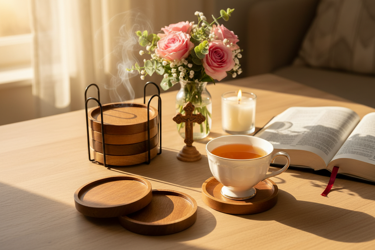 Acacia wood coaster set styled in a faith-inspired tea time scene with open Bible, roses, candle and cross in warm golden light