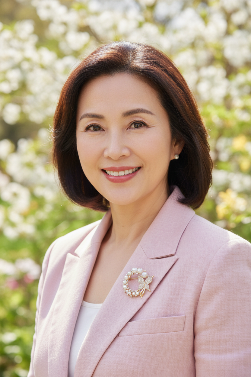 Elegant woman in her 50s in a spring garden close to camera with a tiny pearl butterfly wreath brooch pinned on her lapel
