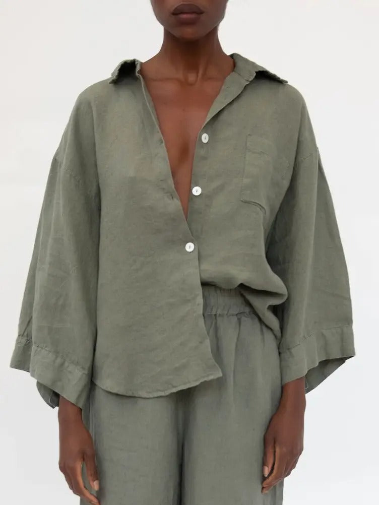 Vivian Linen Loungewear Set | 100% French Linen | Oversized Shirt & Wide-Leg Pants | 10 Colors | S/M–M/L | Sunday Morning