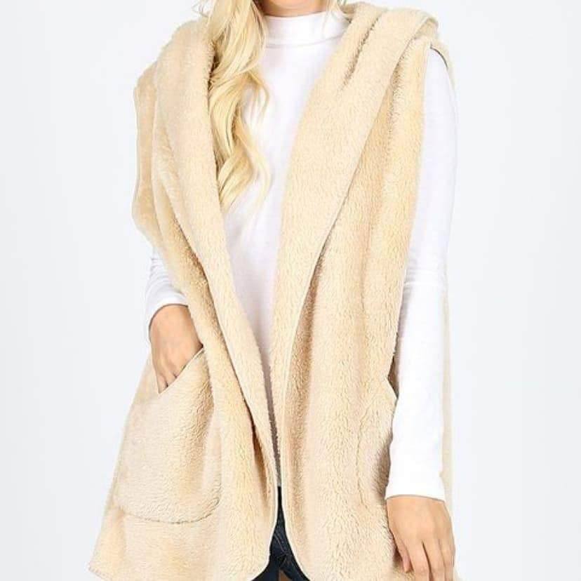 Hooded Faux Fur Fleece Cocoon Vest – Women’s Sherpa | Brown, Cream & Rust