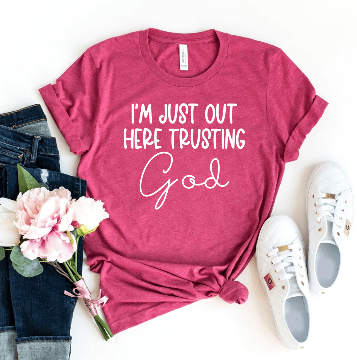 I'm Just Out Here Trusting God | Women's Christian T-Shirt | 100% Combed Ring-Spun Cotton | Printliss
