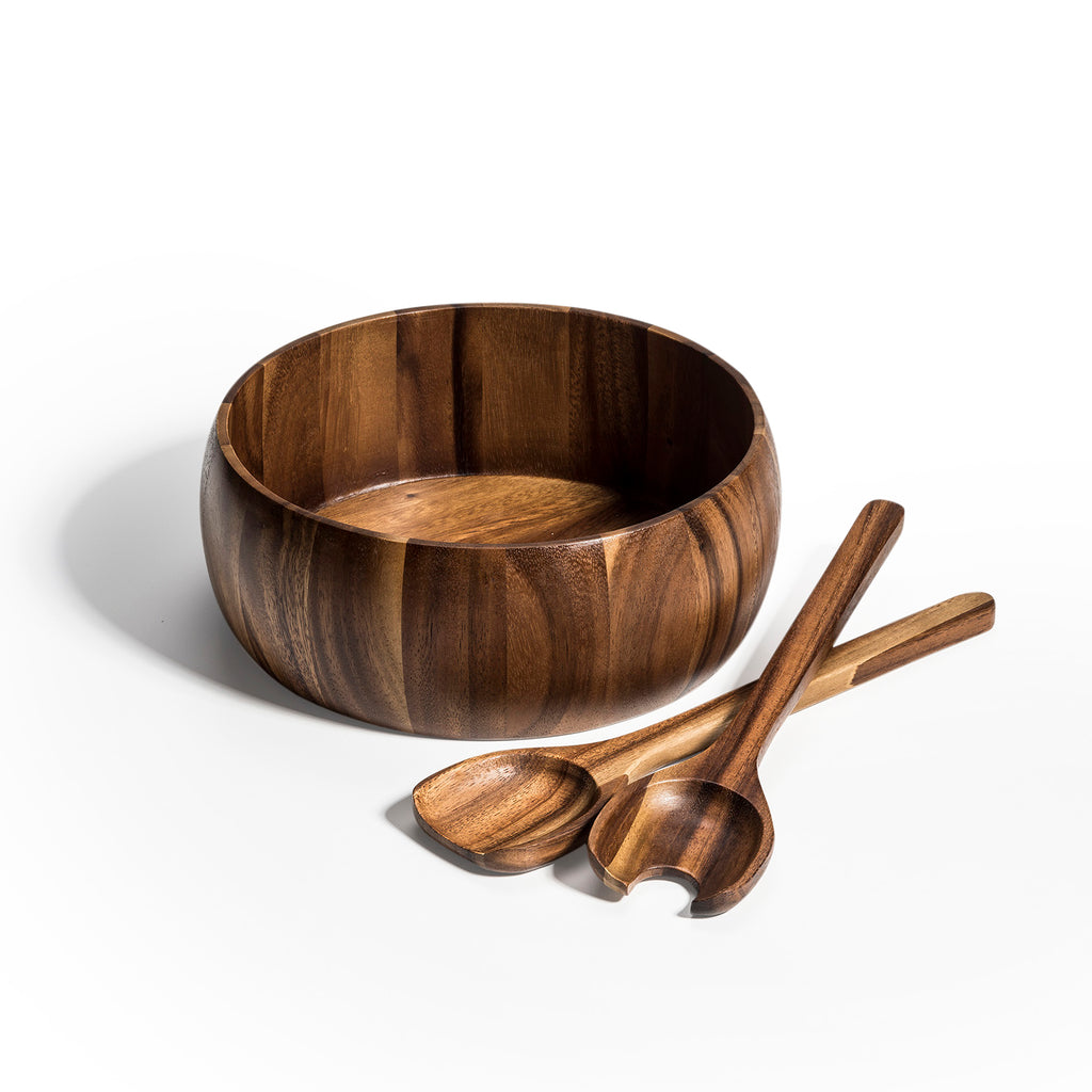 Large Acacia Wood Salad Bowl with Servers | 10" Family Size | Natural Grain | Eco-Friendly | Kalmar Home