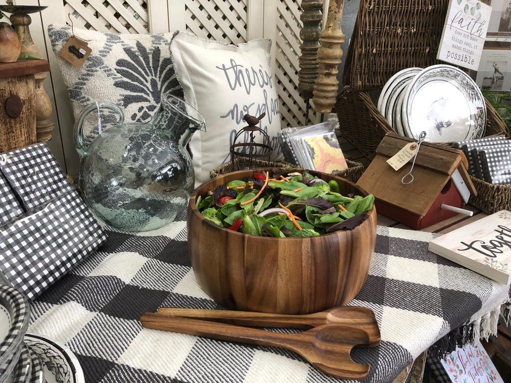 Large Acacia Wood Salad Bowl with Servers | 10" Family Size | Natural Grain | Eco-Friendly | Kalmar Home
