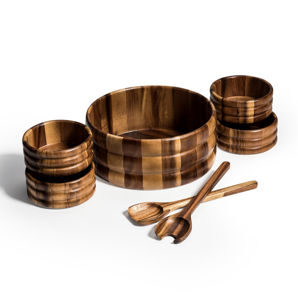 Skagen, Denmark Acacia Wood Salad Bowl Set | 7-Piece | 12" Serving Bowl + Servers + 4 Individual Bowls | Kalmar Home