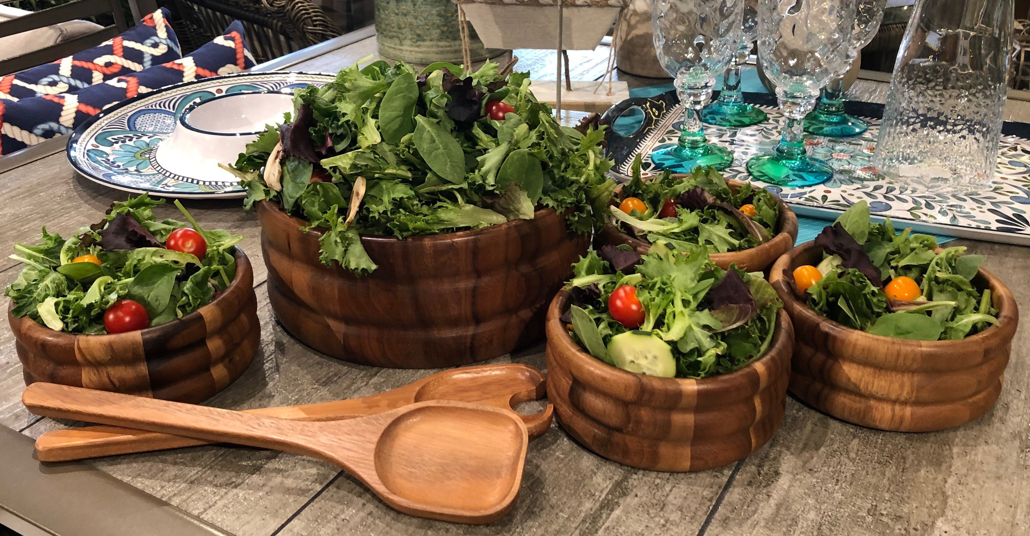 Skagen, Denmark Acacia Wood Salad Bowl Set | 7-Piece | 12" Serving Bowl + Servers + 4 Individual Bowls | Kalmar Home