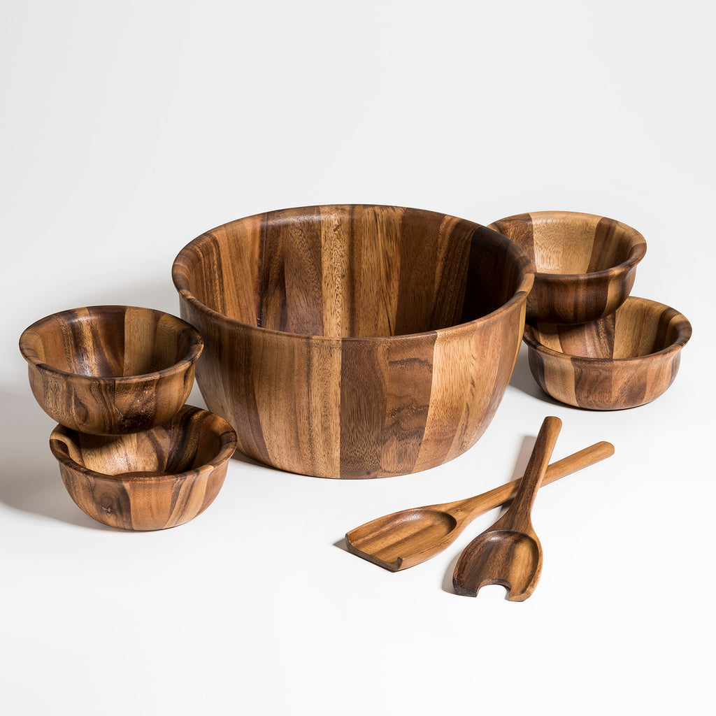 Acacia Wood Salad Bowl Set | XL 13" Serving Bowl + Servers + 4 Individual Bowls | Kalmar Home