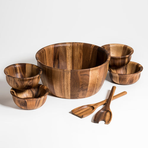 Acacia Wood Salad Bowl Set | XL 13" Serving Bowl + Servers + 4 Individual Bowls | Kalmar Home
