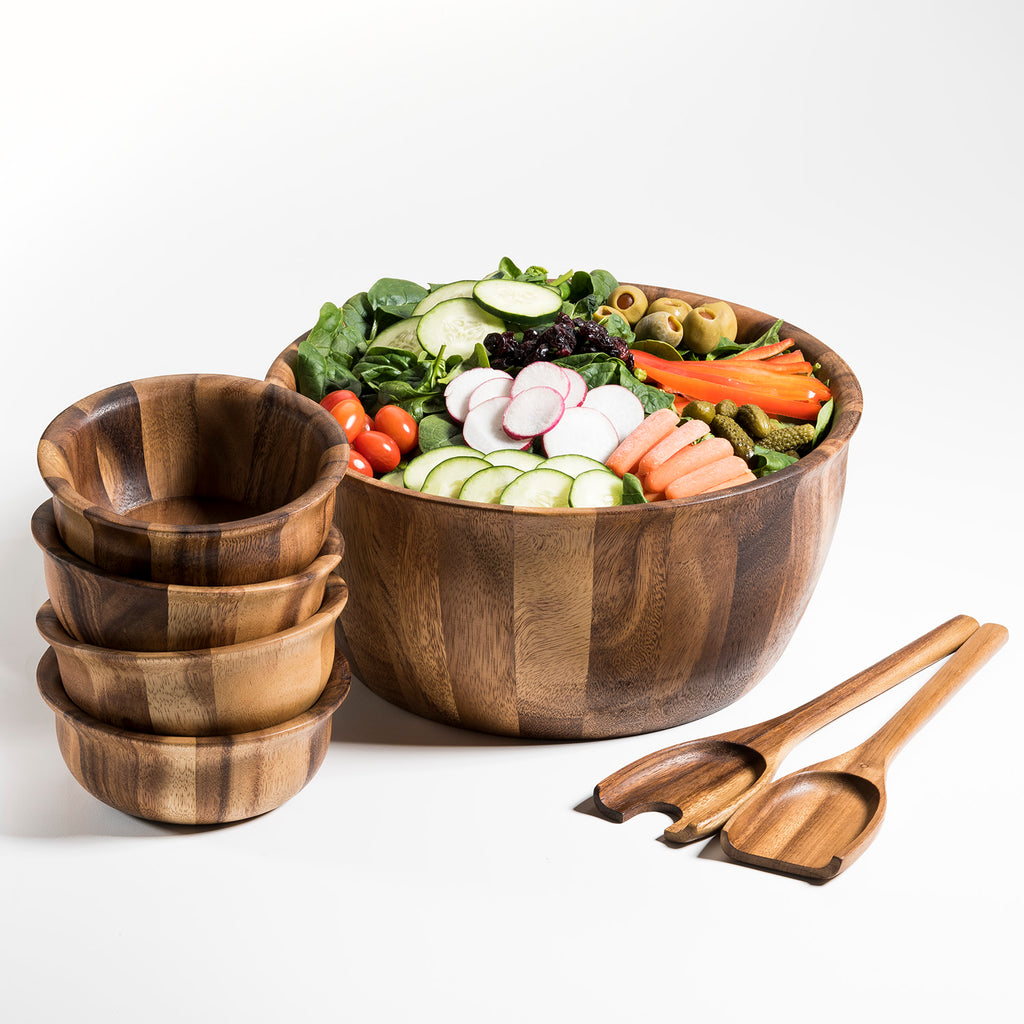 Acacia Wood Salad Bowl Set | XL 13" Serving Bowl + Servers + 4 Individual Bowls | Kalmar Home